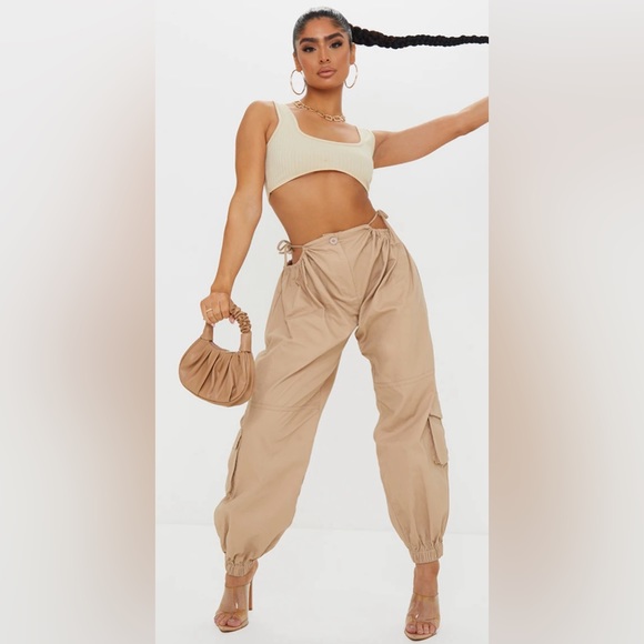 PrettyLittleThing Pants - NWT Stone Woven Cut Out Cargo Joggers-12 (UK Size)